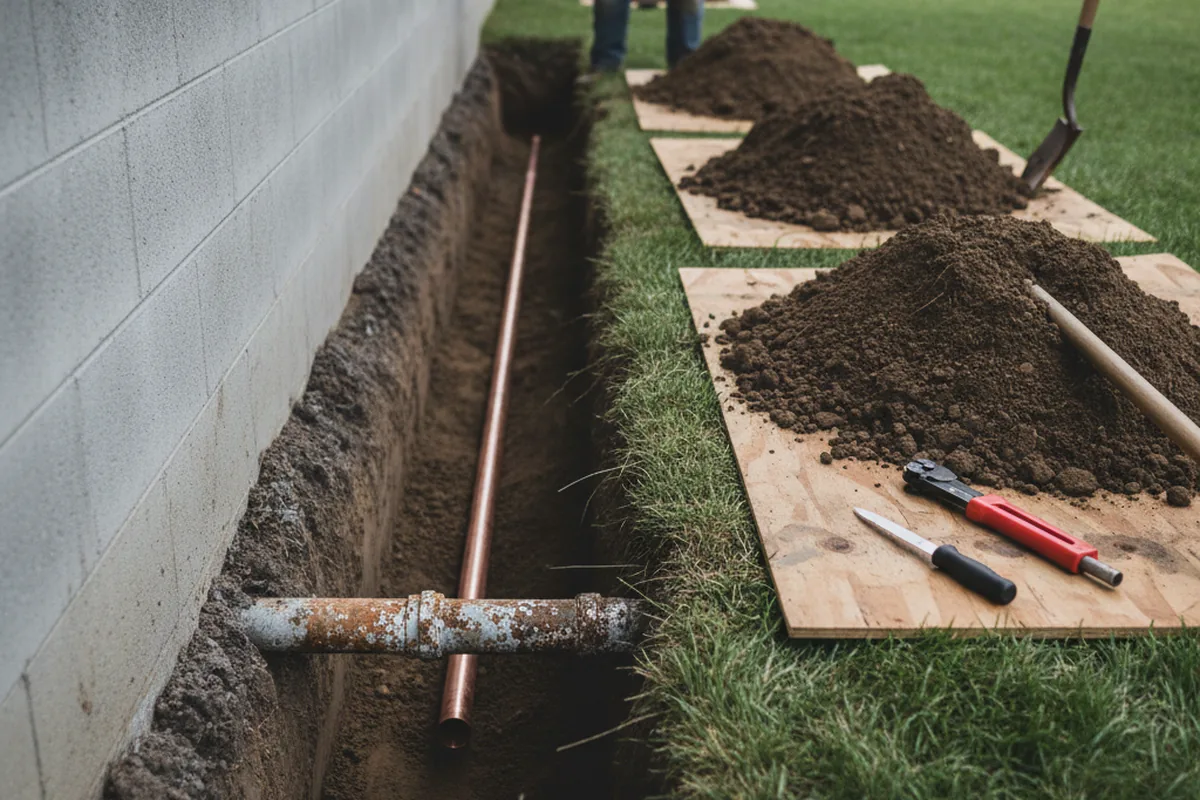 Excavated water line trench during Water Softener Installation in Terra Bella